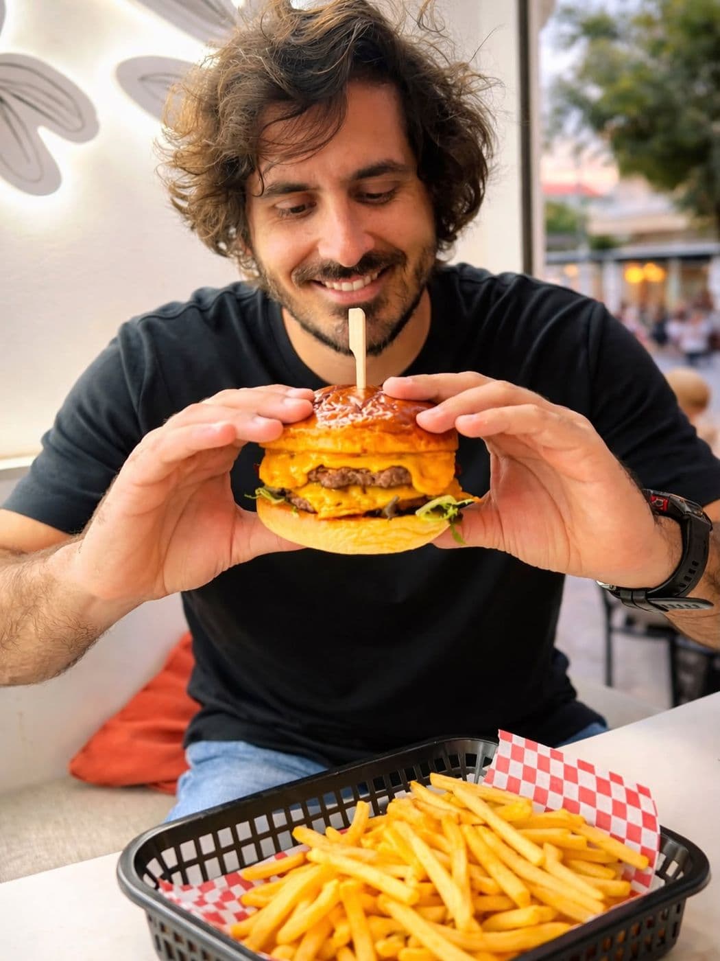 A guest with a smash burger on the terrace